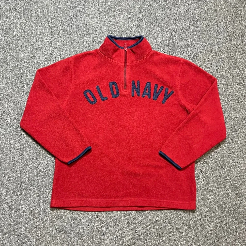 Old Navy Fleece Quarter Zip Pullover Size M 8 Red Navy Blue Logo Kids Sweatshirt
